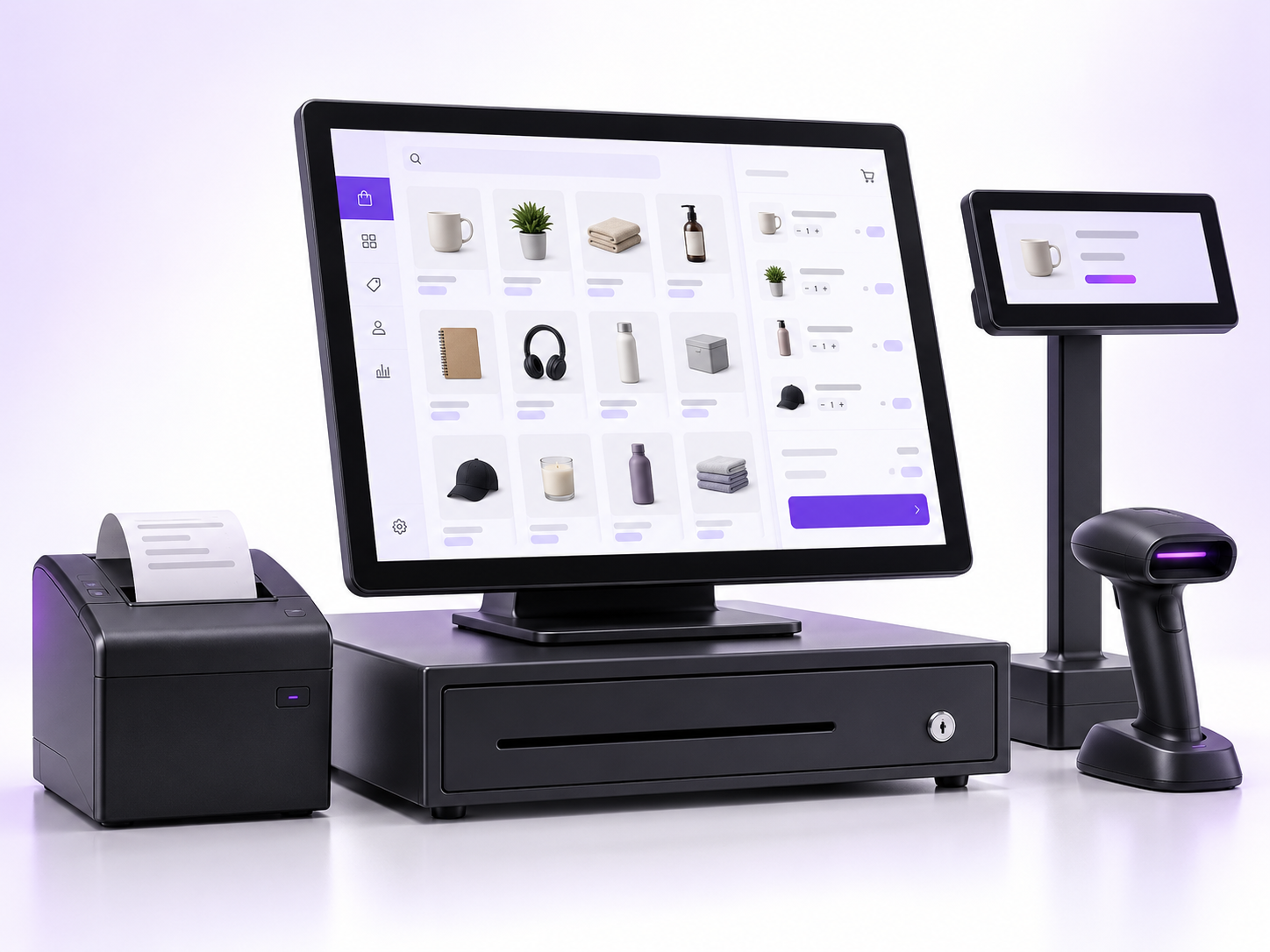 Illustrative counter POS setup with touchscreen, scanner and receipt printer