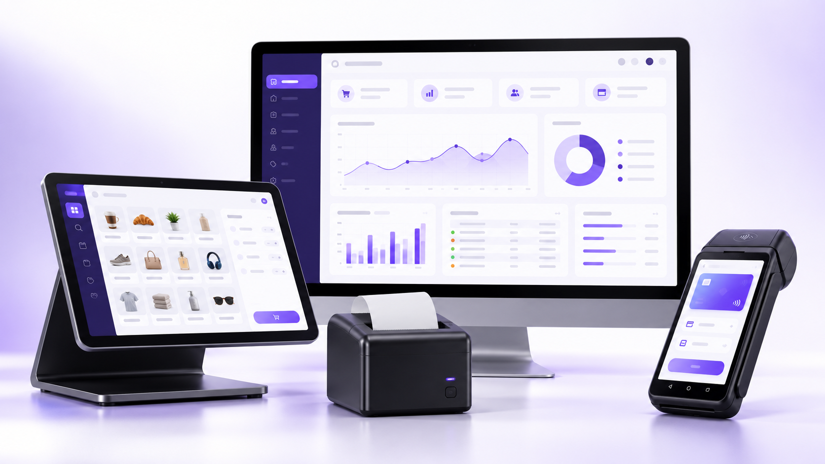 Illustrative Exbizo desktop dashboard with POS tablet, printer and handheld device